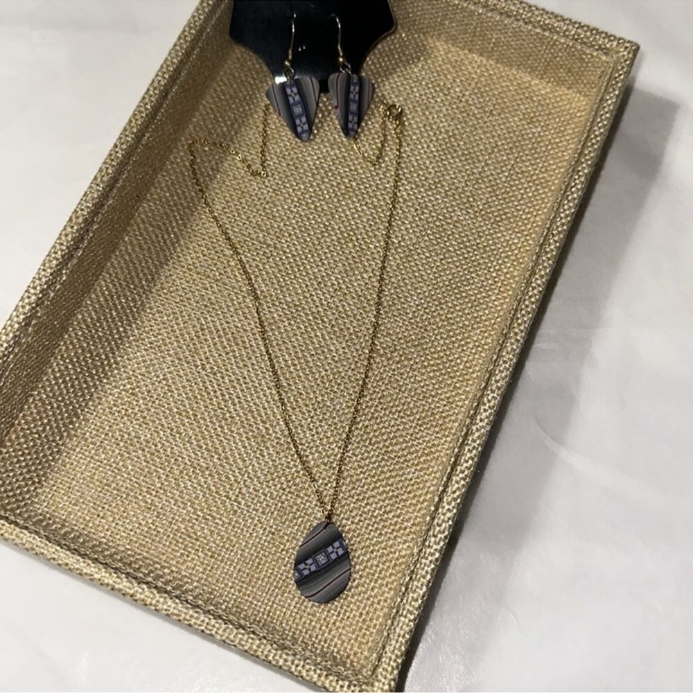Artsy Lavender Gray Yellow Red Gold Tone Chain Necklace & Earrings Set
